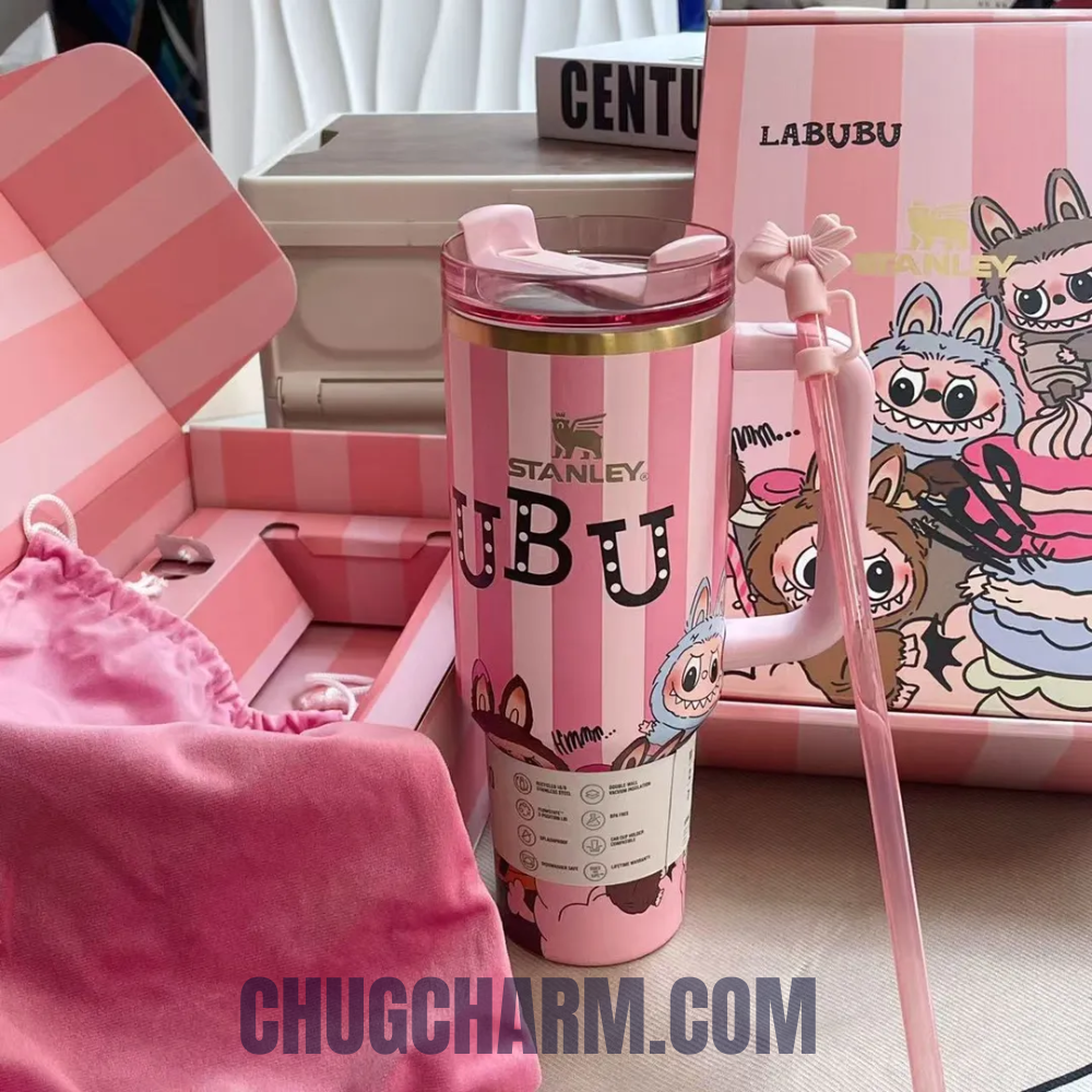 Stanley Labubu tumbler pink 40oz with handle and straw aesthetic kawaii monster cup
