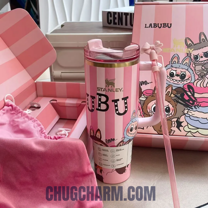 Stanley Labubu tumbler pink 40oz with handle and straw aesthetic kawaii monster cup