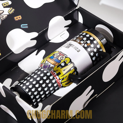 Stanley Labubu black tumbler 40oz kawaii monster cup front view with straw and handle