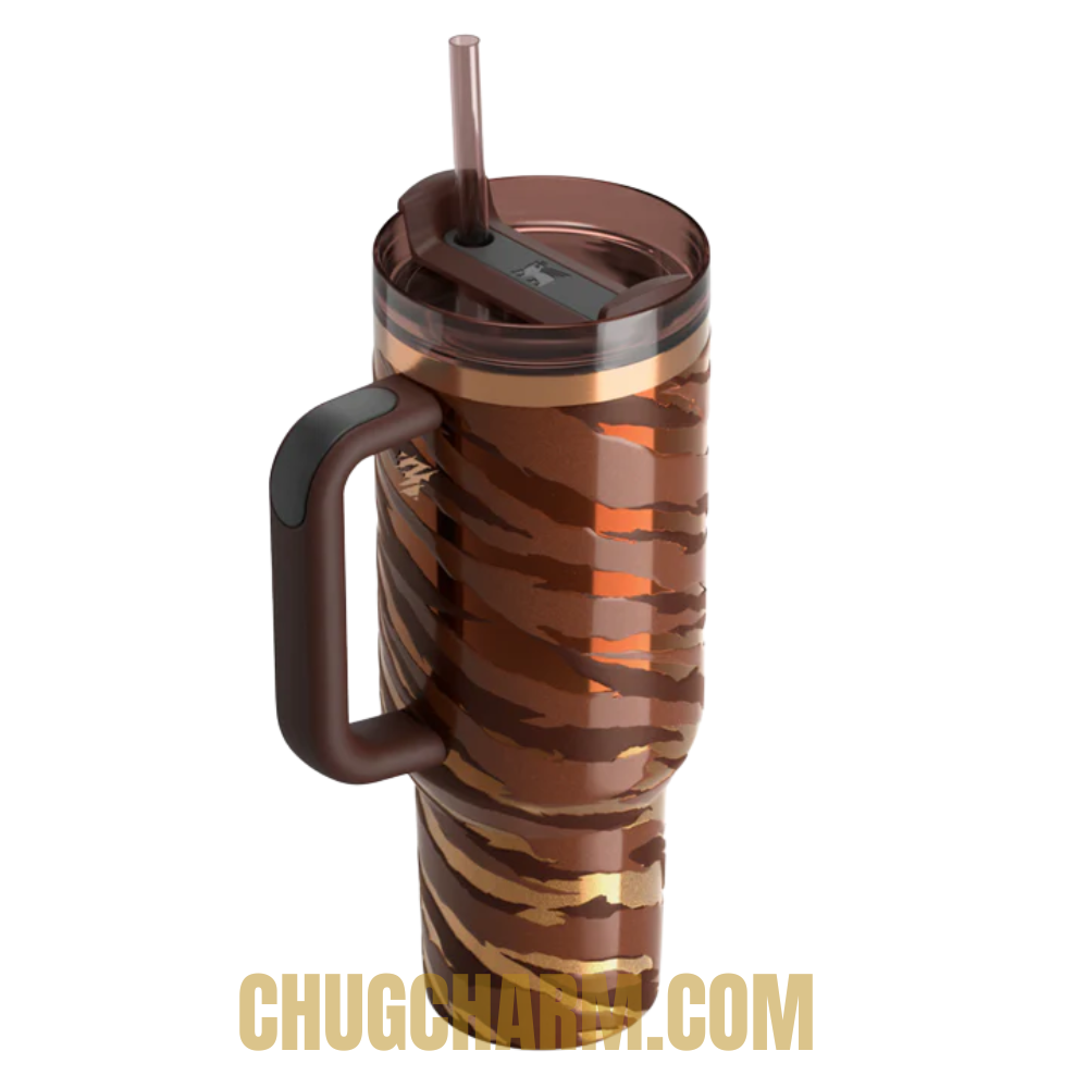 Side angle of the 40 OZ Stanley Tyla Tyger Tumbler highlighting the comfort-grip handle and sleek finish.
