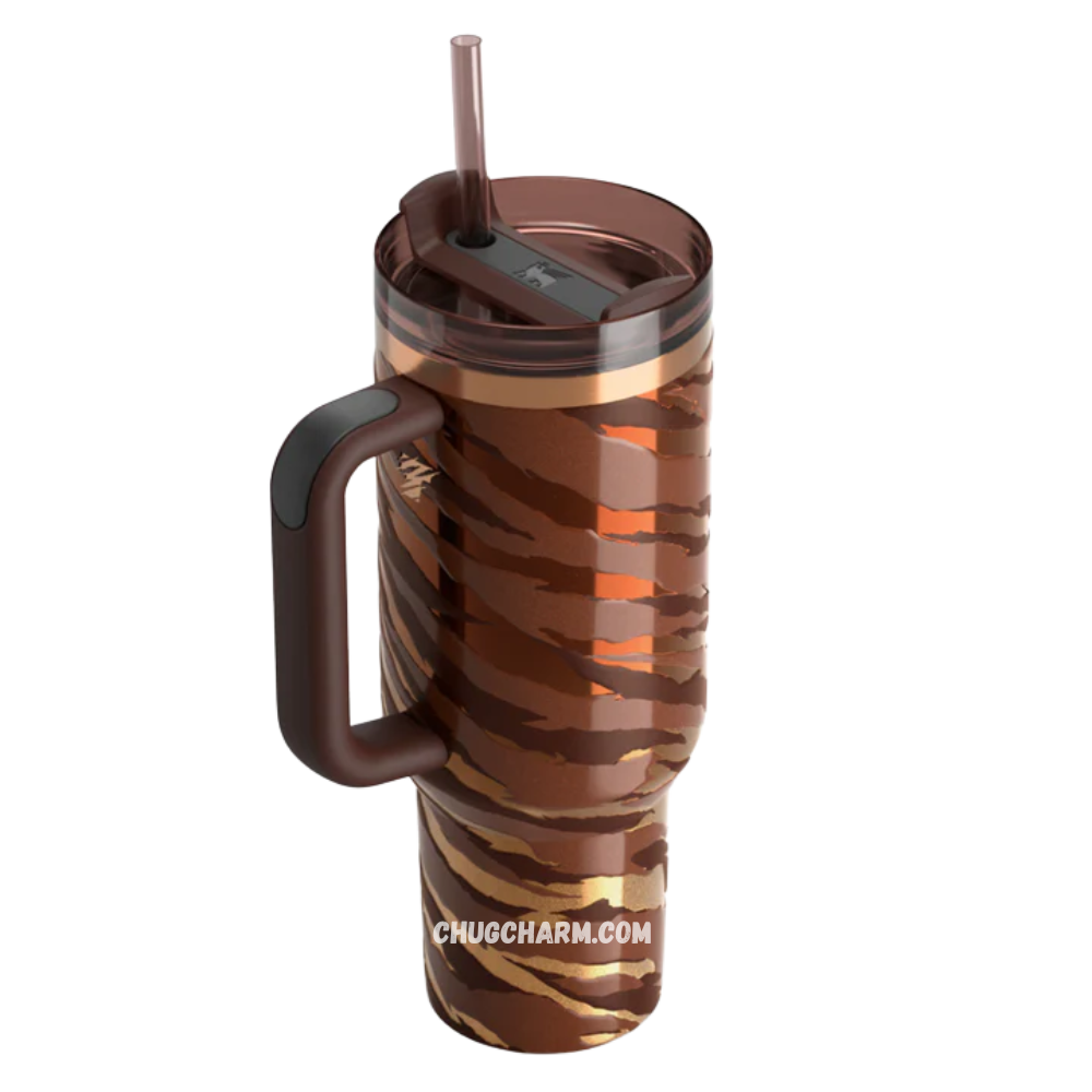 Side angle of the 40 OZ Stanley Tyla Tyger Tumbler highlighting the comfort-grip handle and sleek finish.