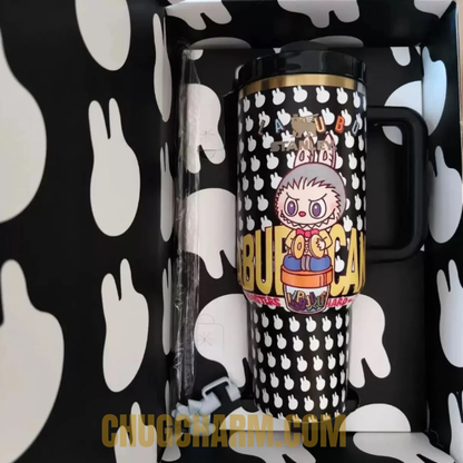 Stanley Labubu black cup insulated 40oz tumbler kawaii monster design close view