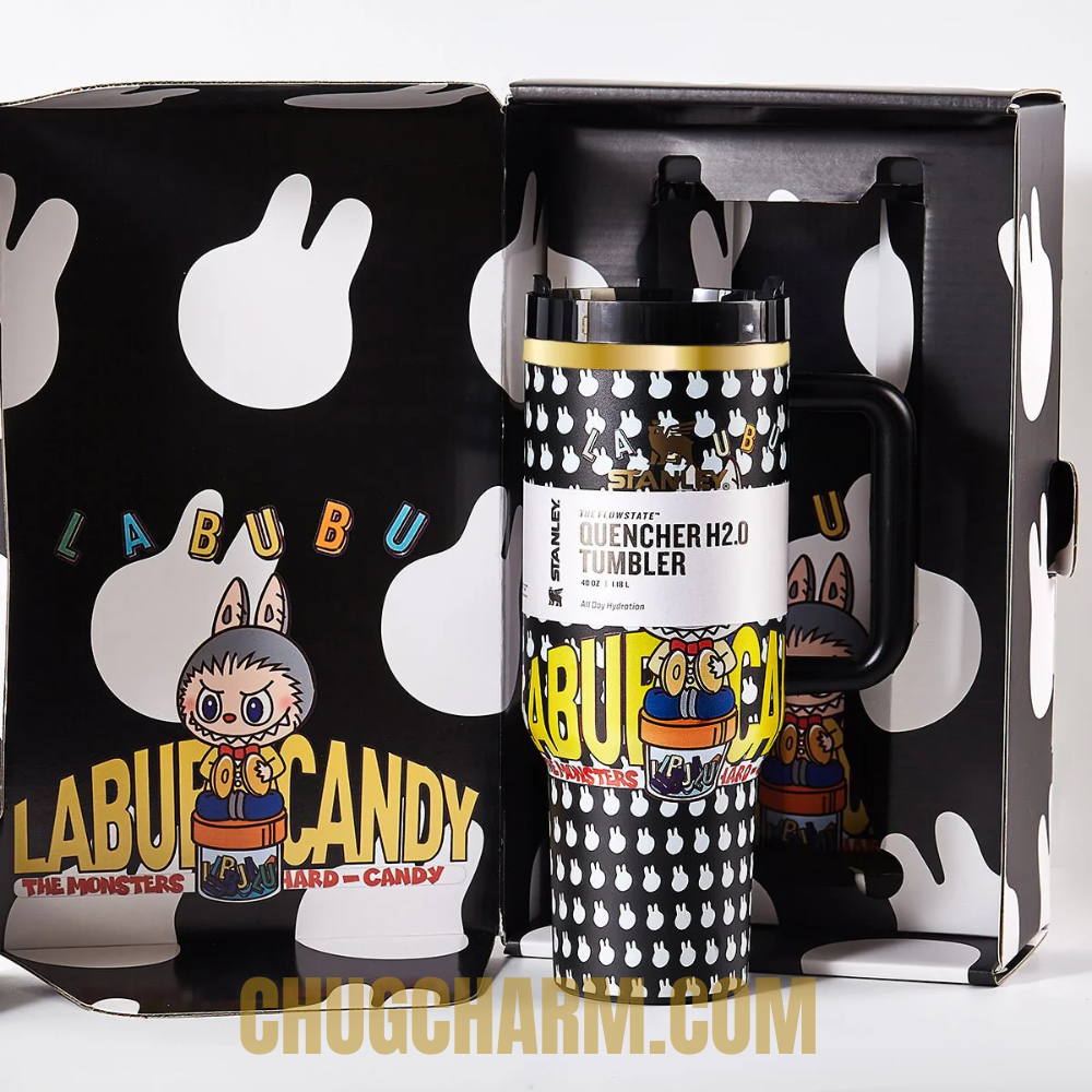 Stanley Labubu black 40oz tumbler with handle and straw side view kawaii monster design