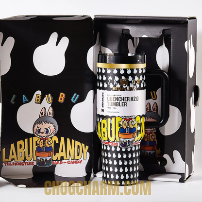 Stanley Labubu black 40oz tumbler with handle and straw side view kawaii monster design