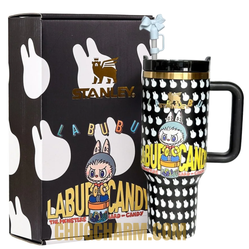 Stanley Labubu black tumbler aesthetic kawaii monster cup with packaging box