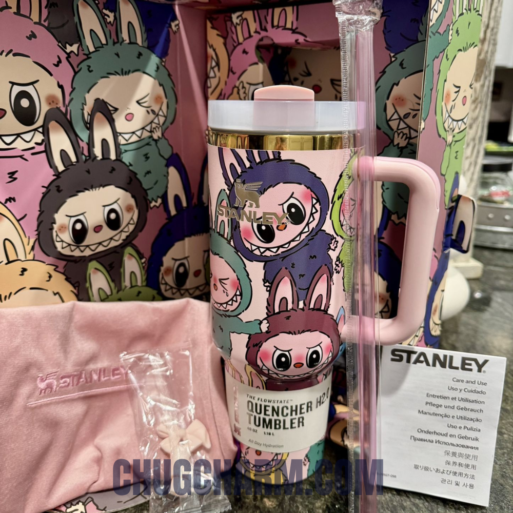 Stanley Labubu brown tumbler 40oz kawaii monster cup front view with straw and handle