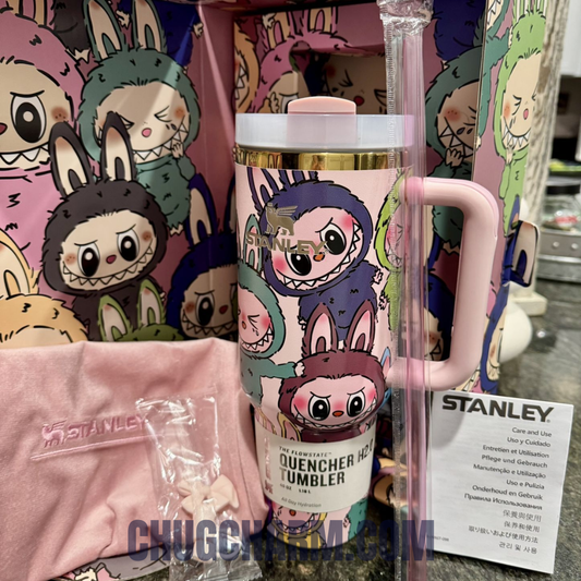 Stanley Labubu brown tumbler 40oz kawaii monster cup front view with straw and handle