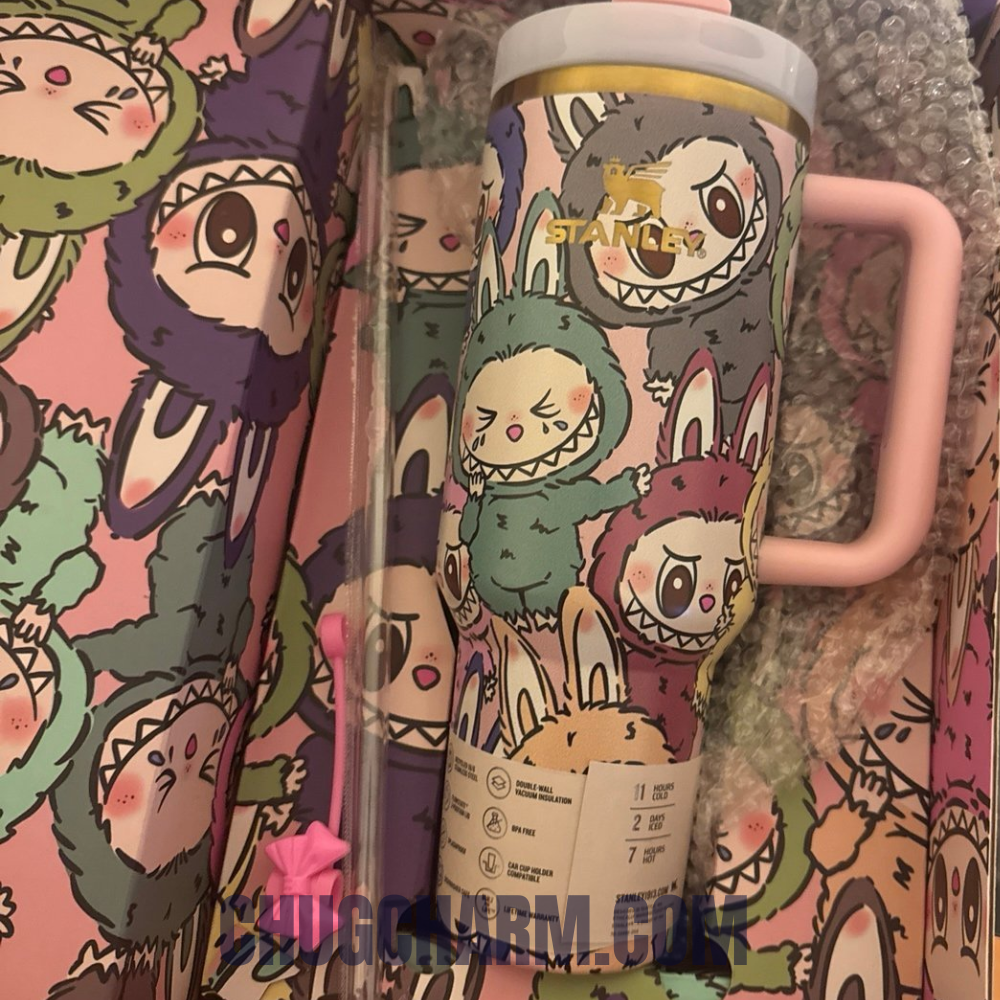 Stanley Labubu brown cup insulated 40oz tumbler kawaii monster design close view