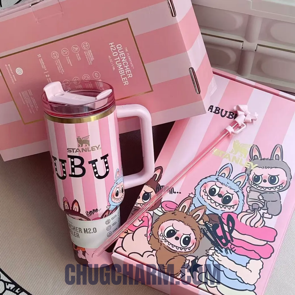 Stanley Labubu tumbler 40oz pink kawaii monster cup with straw and handle