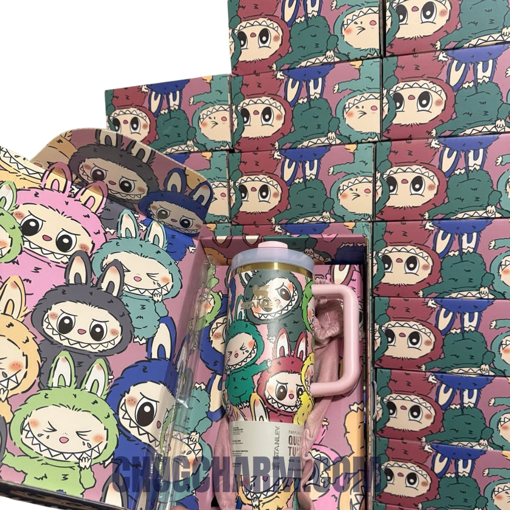 Stanley Labubu brown 40oz tumbler with handle and straw side view kawaii monster design