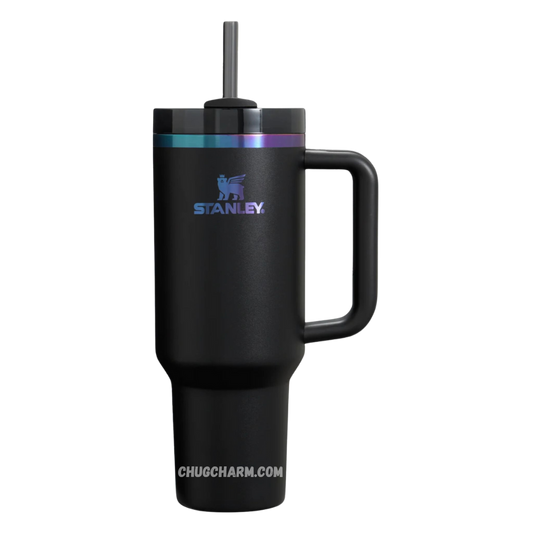 Stanley 40 oz Tumbler in Black Chroma with a sleek design, durable handle, and double-wall insulation for excellent temperature retention.