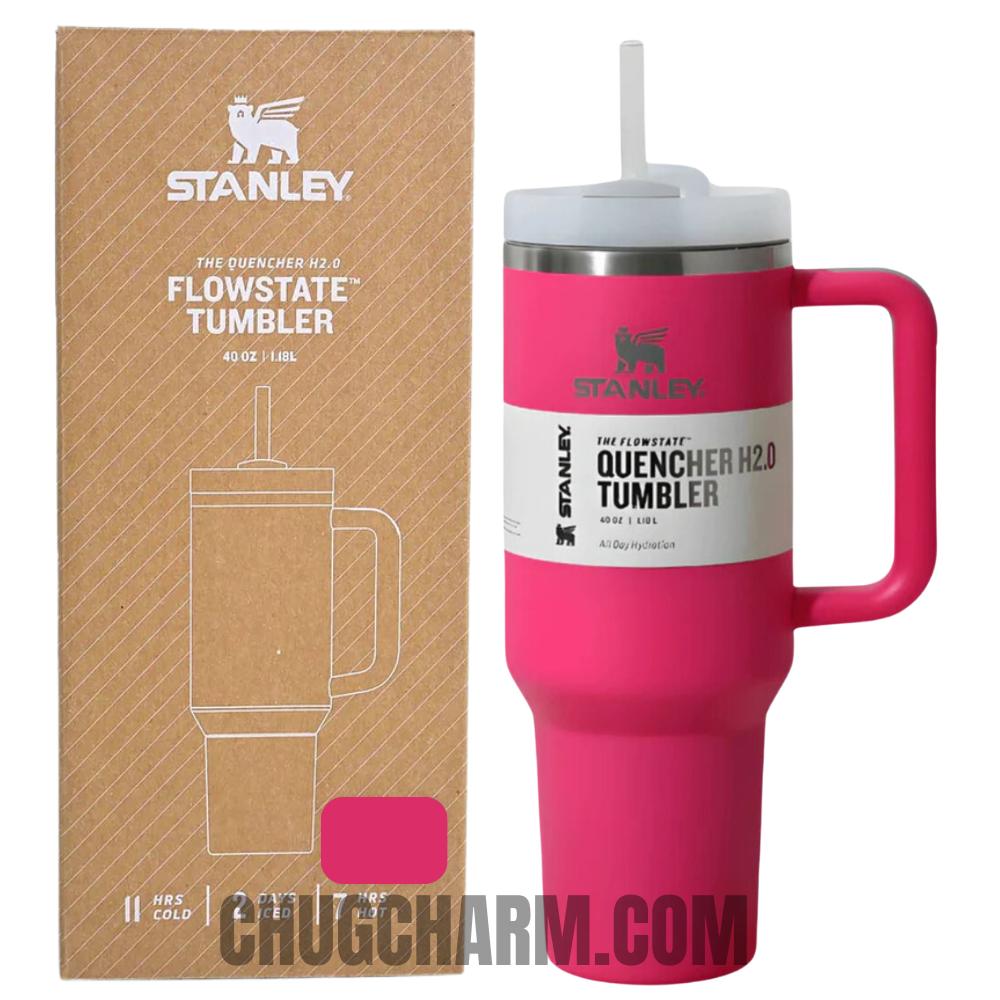 Stanley 40 oz Tumbler in Hot Pink with an ergonomic handle and double-wall insulation.