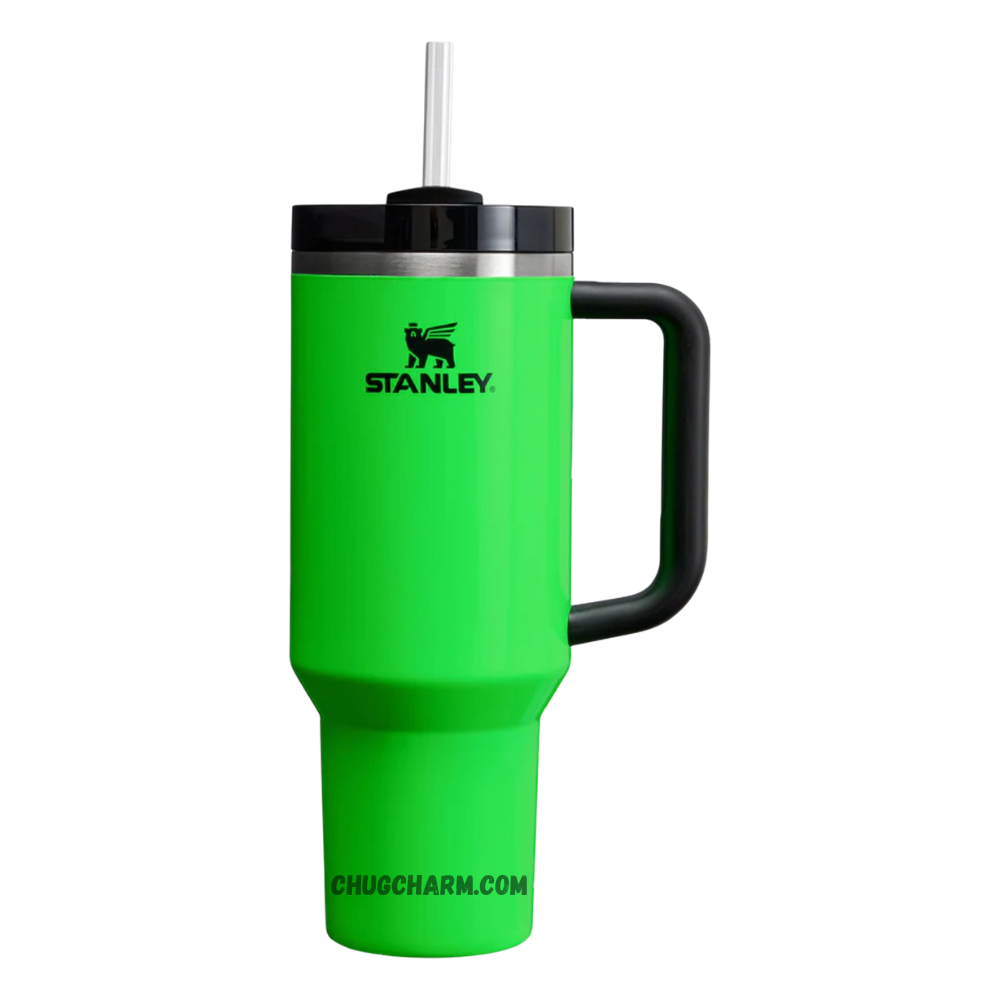 Stanley 40 oz Tumbler in Neon Green with a durable handle and double-wall insulation for maintaining the perfect temperature of your drinks.