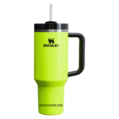 Stanley 40 oz Tumbler in Neon Yellow with a sturdy handle and double-wall insulation for superior temperature retention.