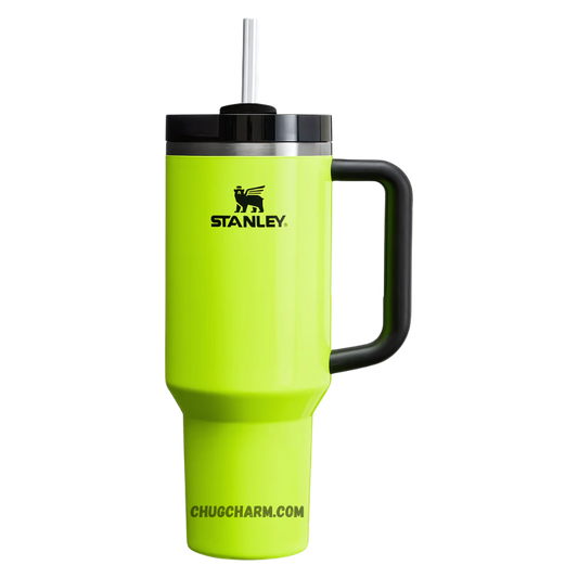 Stanley 40 oz Tumbler in Neon Yellow with a sturdy handle and double-wall insulation for superior temperature retention.