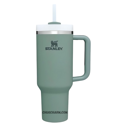 Stanley 40 oz Tumbler in Shale Dark Green with a sturdy handle and double-wall insulation for superior temperature retention.
