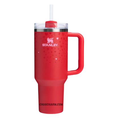 Stanley 40 oz Tumbler in Target Red with a sturdy handle and double-wall insulation for superior temperature retention.
