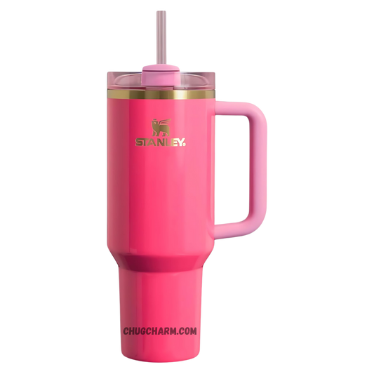 Stanley 40 oz Tumbler in Watermelon Red with a durable handle and double-wall insulation for maintaining drink temperature.