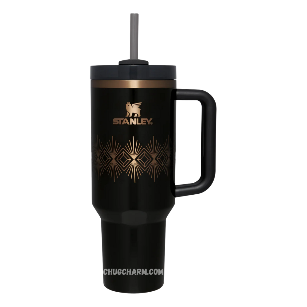 Stanley Black Gloss Deco 40oz Tumbler – sleek insulated tumbler with a glossy black finish, offering a bold and elegant design for everyday use.