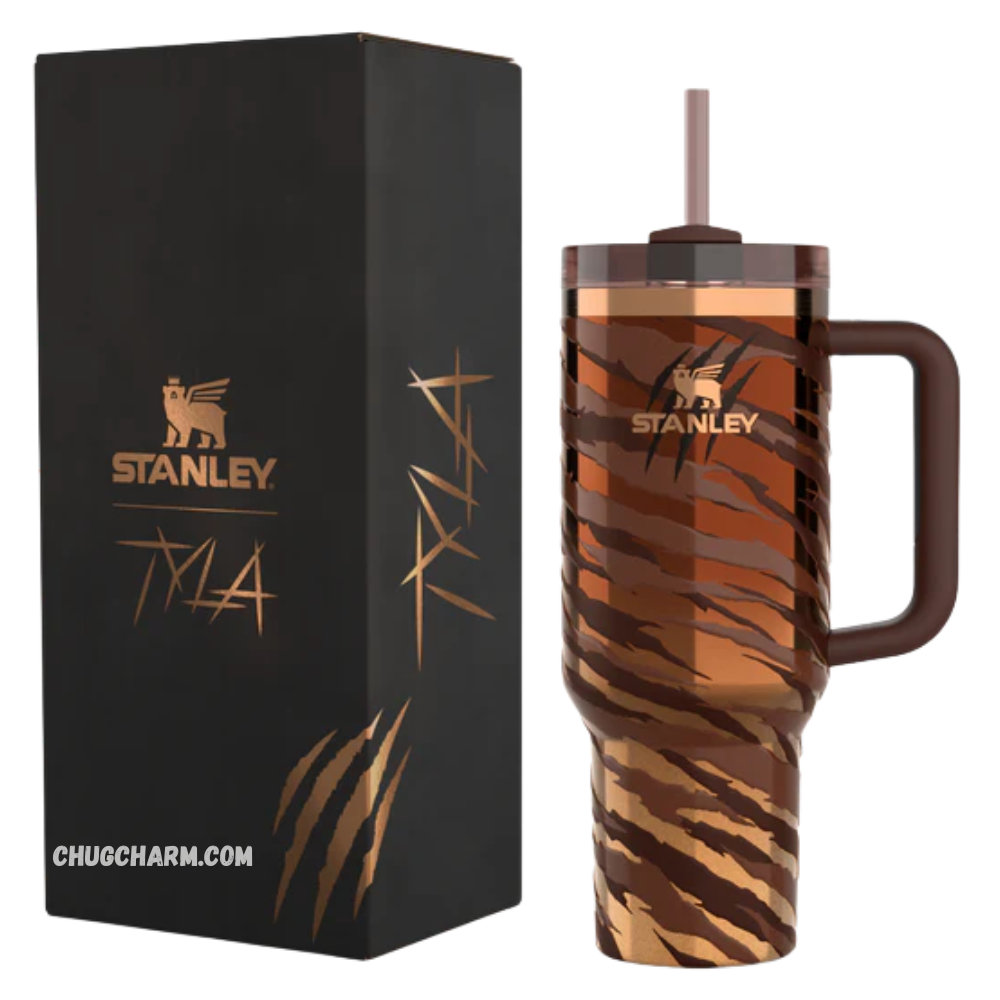 Front view of Stanley Tyla Tyger Tumbler 40 OZ showcasing its bold tiger-striped limited edition design.