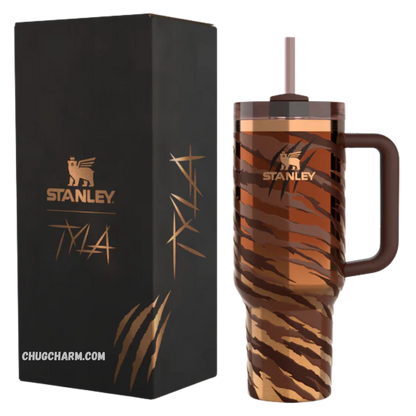 Front view of Stanley Tyla Tyger Tumbler 40 OZ showcasing its bold tiger-striped limited edition design.