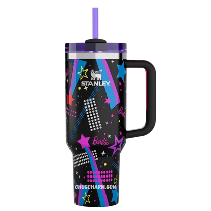 Stanley X Barbie 80s Rockers 40oz Tumbler – retro-inspired insulated tumbler featuring vibrant 80s rock style design.
