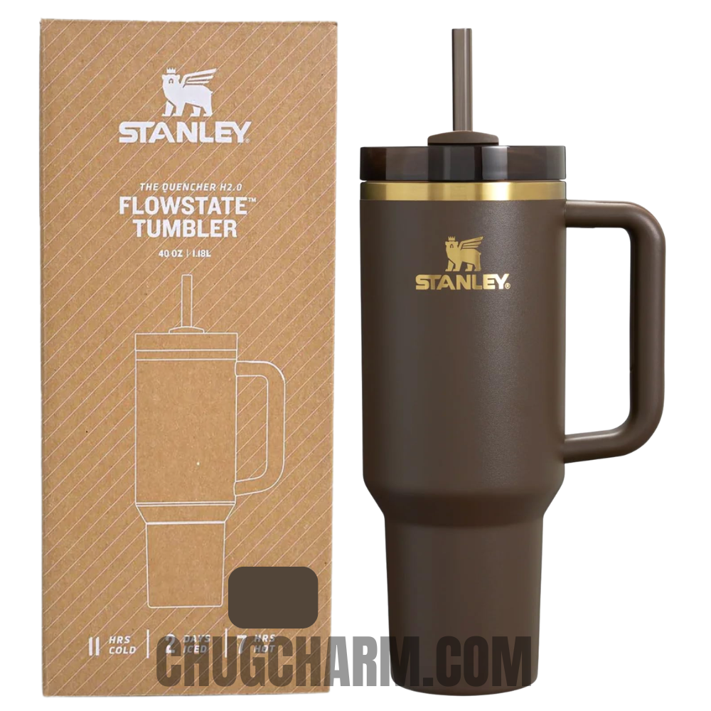 Stanley X Wicked Elphaba Chocolate Gold 40oz Tumbler with a stylish design, durable handle, and double-wall insulation for maintaining drink temperature.