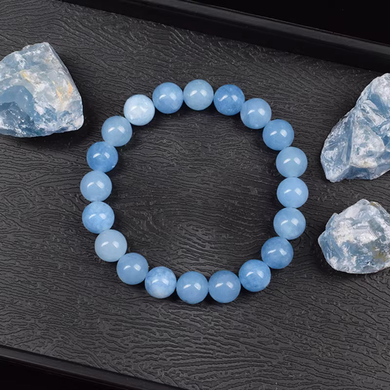Aquamarine Quartz Beaded Bracelet Sky Blue 6mm 8mm Elastic Unisex