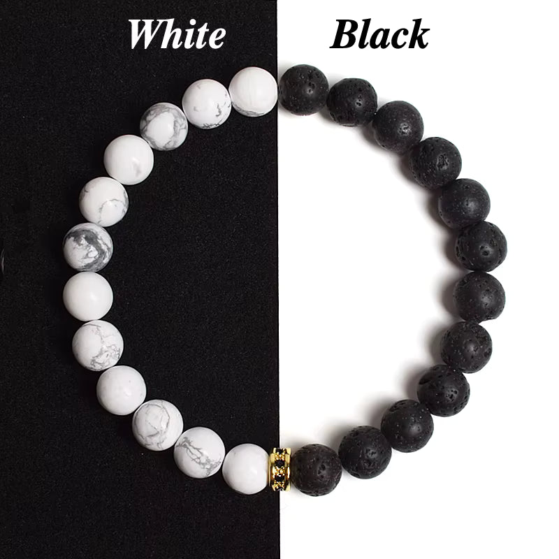 Beaded Bracelet Black White Lava Howlite Tiger Eye Cubic Zirconia