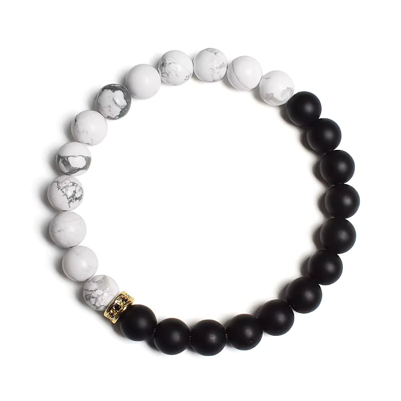 Beaded Bracelet Black White Lava Howlite Tiger Eye Cubic Zirconia