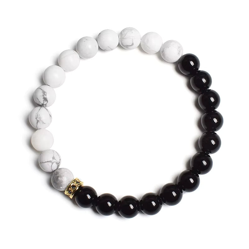 Beaded Bracelet Black White Lava Howlite Tiger Eye Cubic Zirconia