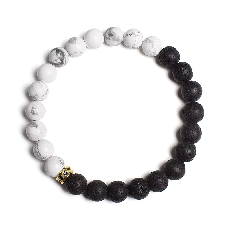 Beaded Bracelet Black White Lava Howlite Tiger Eye Cubic Zirconia