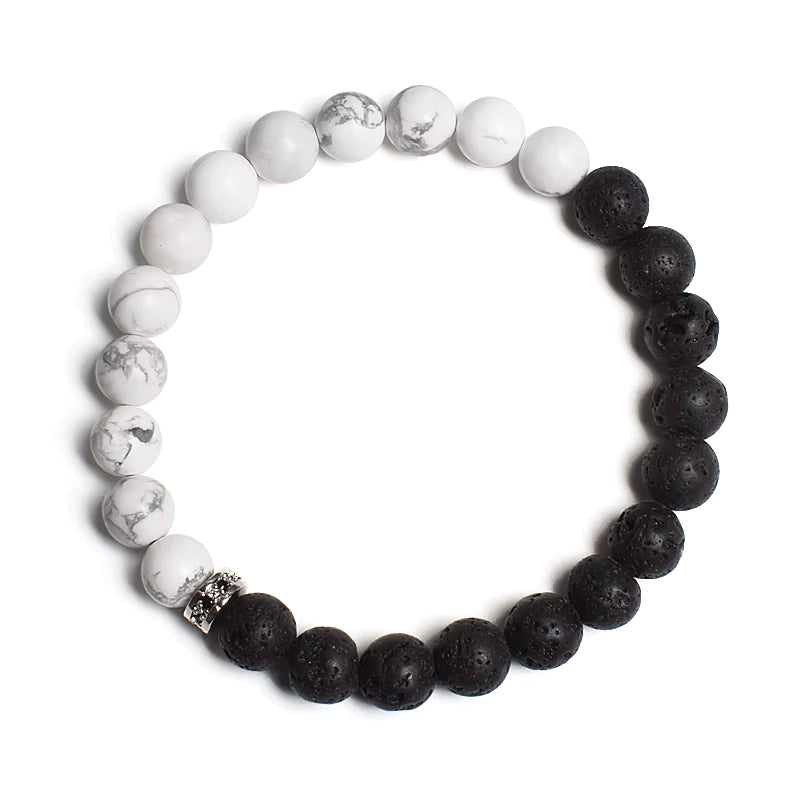 Beaded Bracelet Black White Lava Howlite Tiger Eye Cubic Zirconia