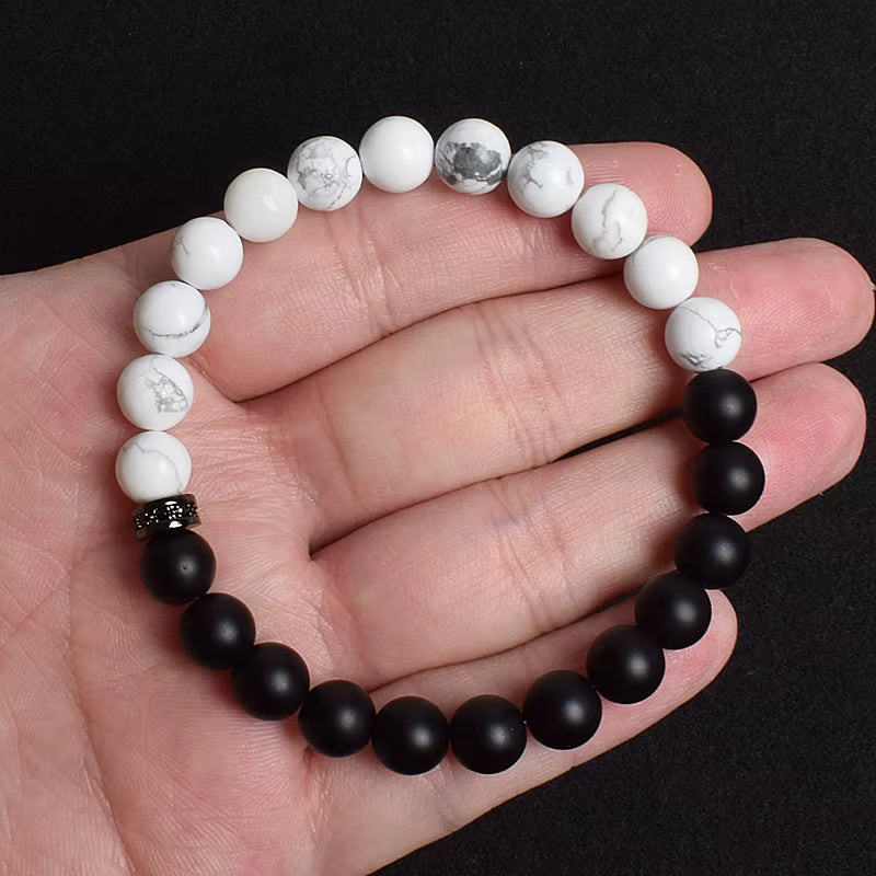 Beaded Bracelet Black White Lava Howlite Tiger Eye Cubic Zirconia
