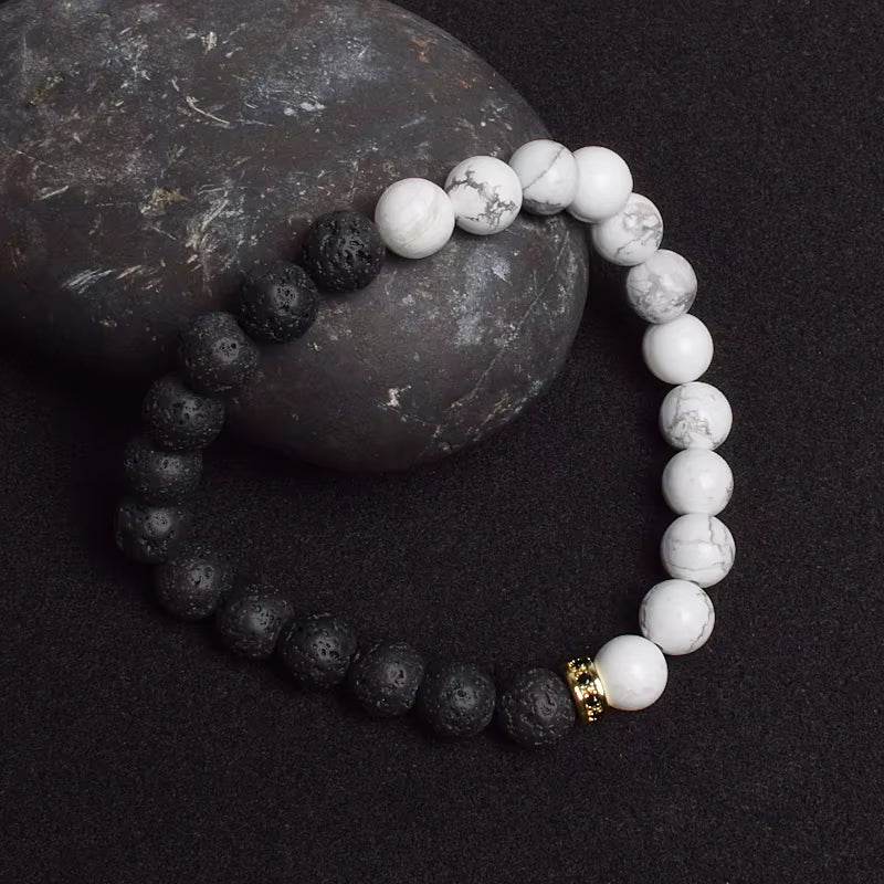 Beaded Bracelet Black White Lava Howlite Tiger Eye Cubic Zirconia