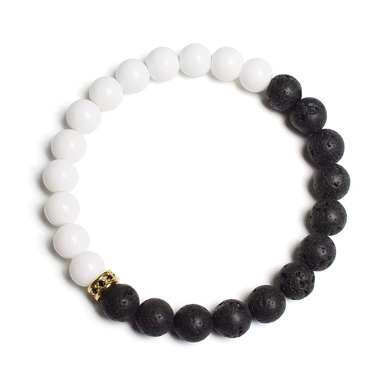 Beaded Bracelet Black White Lava Howlite Tiger Eye Cubic Zirconia