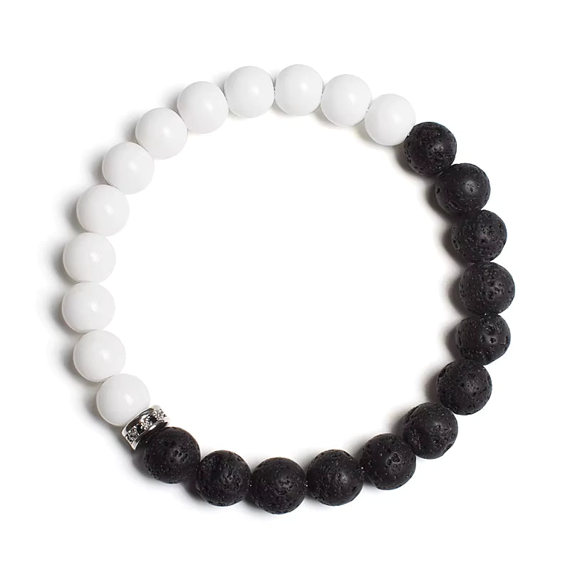 Beaded Bracelet Black White Lava Howlite Tiger Eye Cubic Zirconia