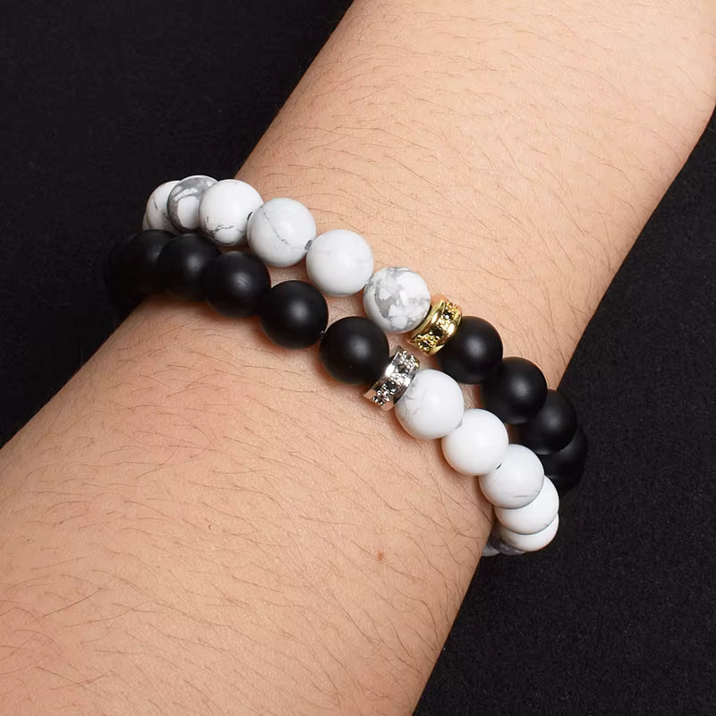 Beaded Bracelet Black White Lava Howlite Tiger Eye Cubic Zirconia