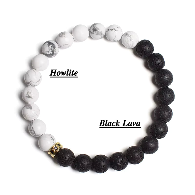 Beaded Bracelet Black White Lava Howlite Tiger Eye Cubic Zirconia