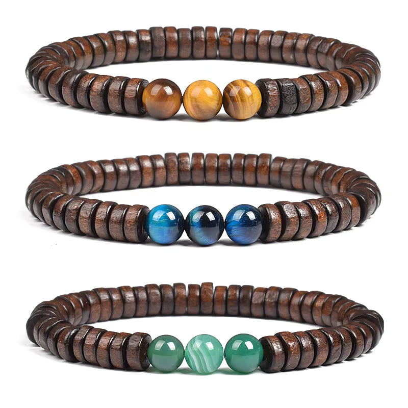 Beaded Bracelet Cylindrical Wood and Yellow Tiger Eye Stone Elastic