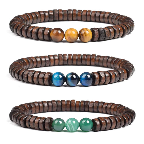 Beaded Bracelet Cylindrical Wood and Yellow Tiger Eye Stone Elastic