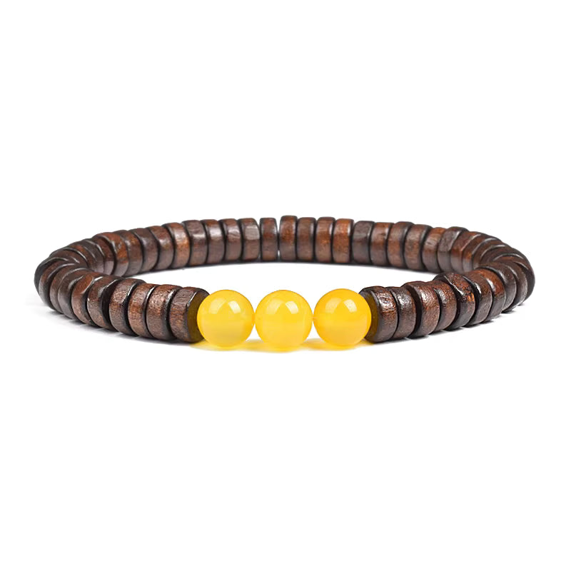 Beaded Bracelet Cylindrical Wood and Yellow Tiger Eye Stone Elastic