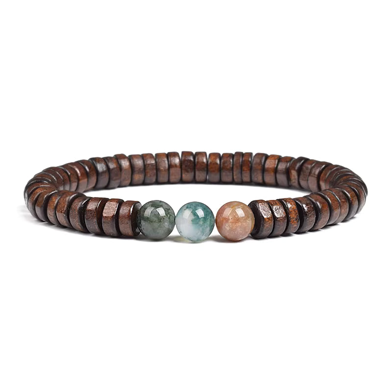 Beaded Bracelet Cylindrical Wood and Yellow Tiger Eye Stone Elastic