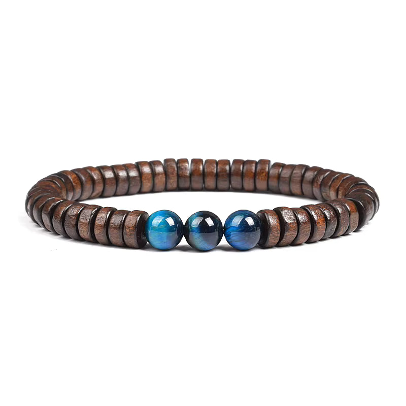 Beaded Bracelet Cylindrical Wood and Yellow Tiger Eye Stone Elastic