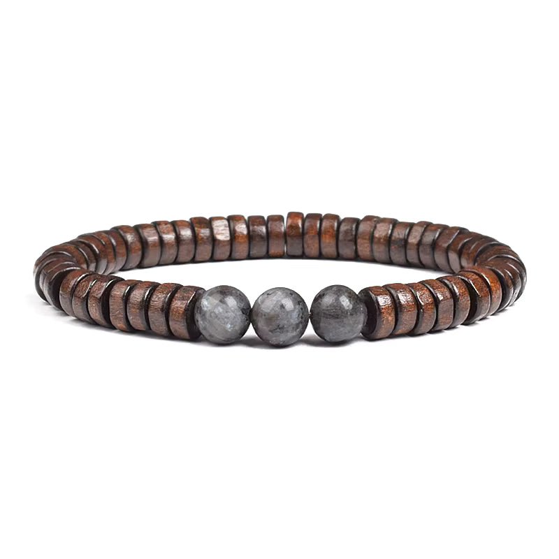 Beaded Bracelet Cylindrical Wood and Yellow Tiger Eye Stone Elastic