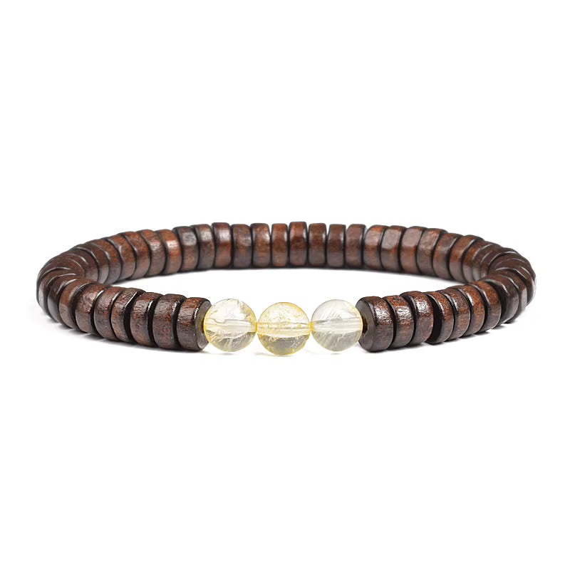Beaded Bracelet Cylindrical Wood and Yellow Tiger Eye Stone Elastic