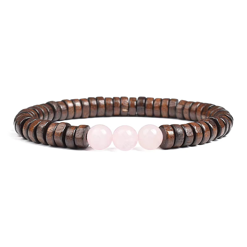Beaded Bracelet Cylindrical Wood and Yellow Tiger Eye Stone Elastic