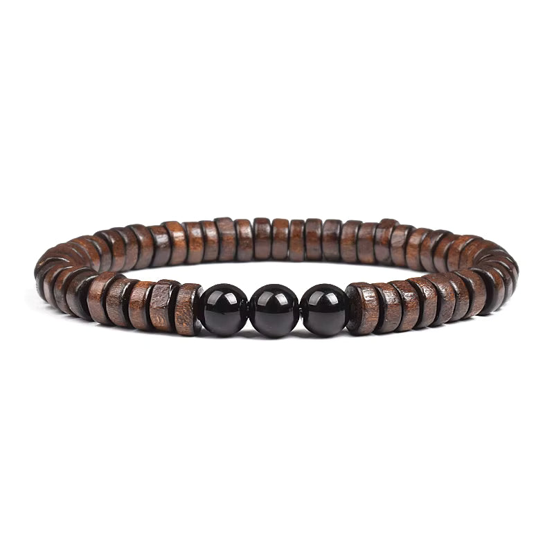 Beaded Bracelet Cylindrical Wood and Yellow Tiger Eye Stone Elastic