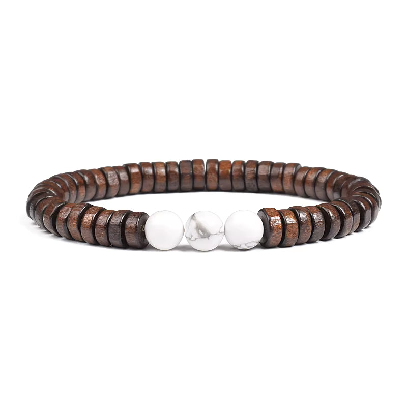 Beaded Bracelet Cylindrical Wood and Yellow Tiger Eye Stone Elastic
