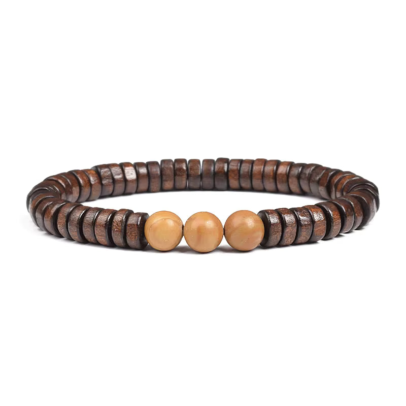Beaded Bracelet Cylindrical Wood and Yellow Tiger Eye Stone Elastic